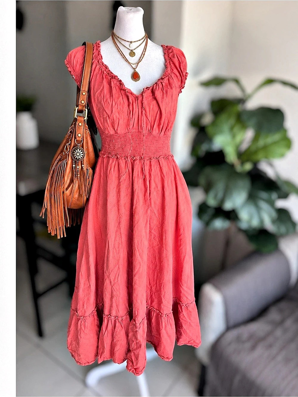 Old Navy Size L Smocked Waist Peasant Midi Dress Boho Ruffle Cotton Rayon